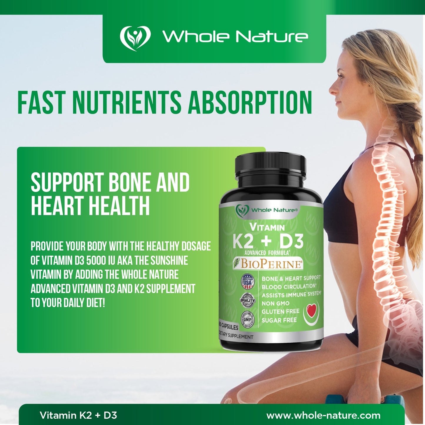 Whole Nature K2 (MK7)+D3 Plus Calcium-3