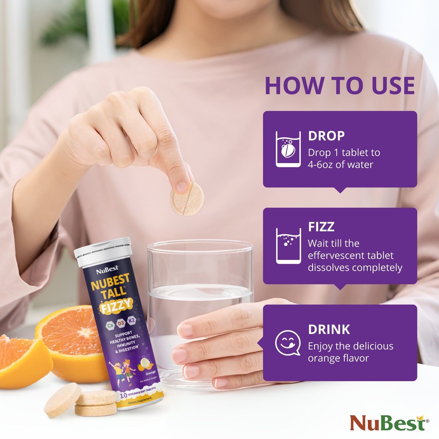 NuBest Tall Fizzy – Height Growth & Bone Strength, Orange Flavor, 10