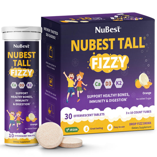 NuBest Tall Fizzy - Bone Strength Immunity Digestive Health for Kids & Teens | Probiotic Calcium Magnesium from Red Marine Algae Vitamin D3 K2 & Zinc | 30 Orange Effervescent Tablets - Ages 4+